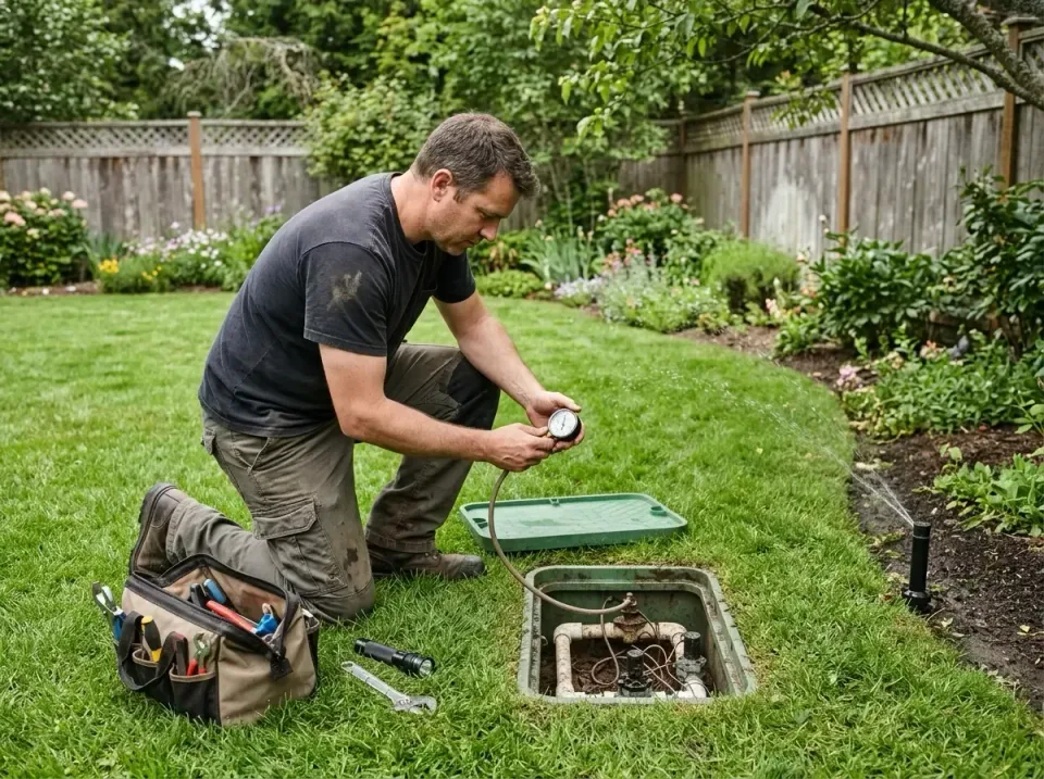 Plumber — Residential Backyard — Plumber, Tool Bag, Pressure Gauge, Residential Backyard, Plumbing