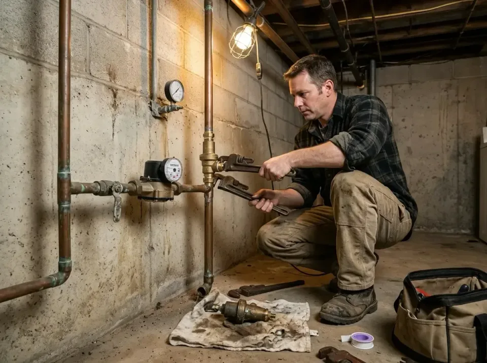 Plumber — Basement — Plumber, Copper Pipe, Water Meter, Basement, Plumbing